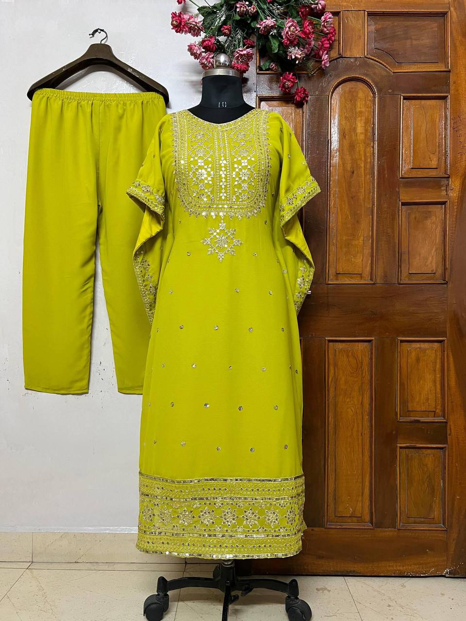 Premium Faux Georgette Kaftan & Pant Set – Sequins & Zari Embroidery Work