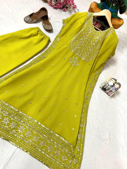 Premium Faux Georgette Kaftan & Pant Set – Sequins & Zari Embroidery Work