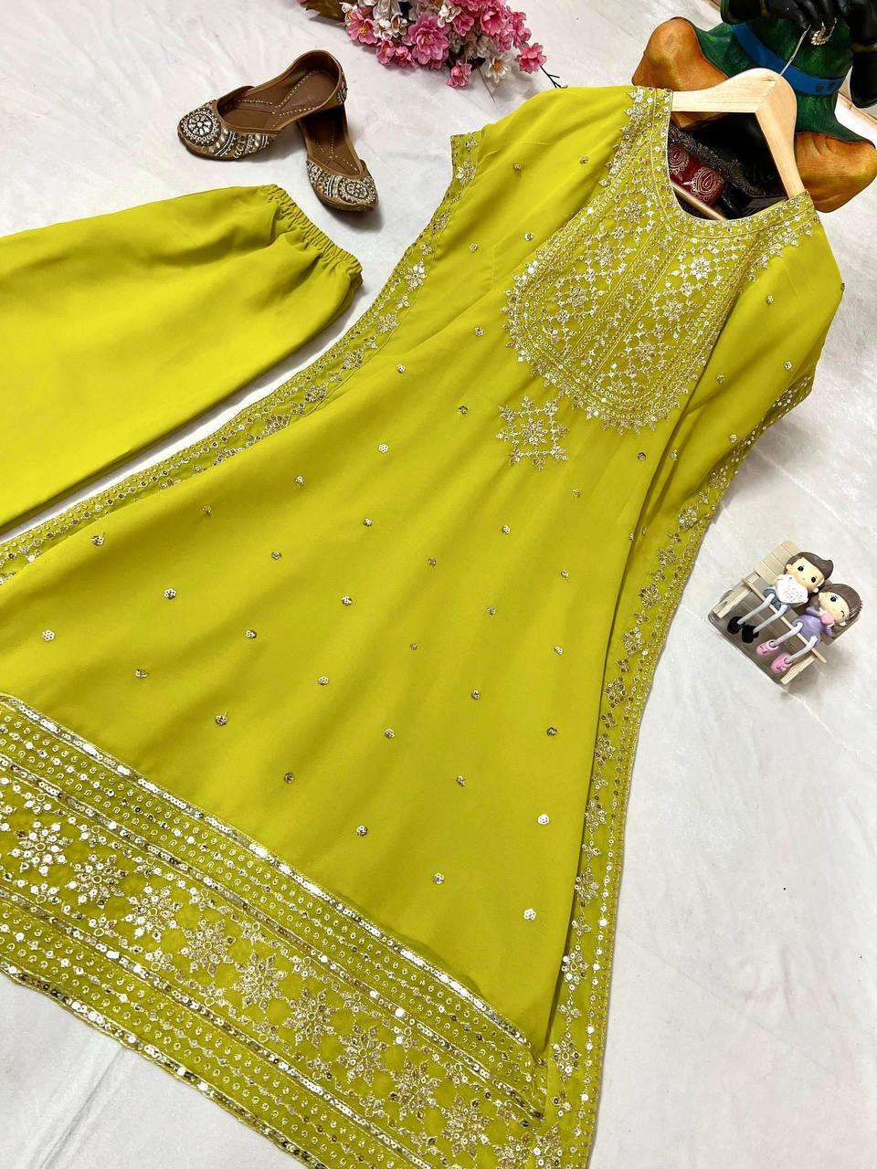 Premium Faux Georgette Kaftan & Pant Set – Sequins & Zari Embroidery Work