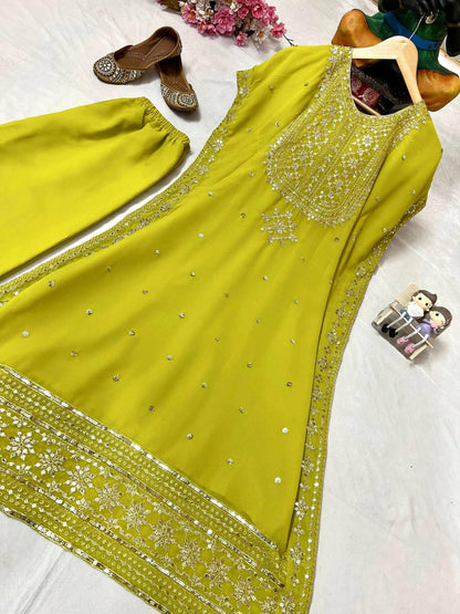 Premium Faux Georgette Kaftan & Pant Set – Sequins & Zari Embroidery Work