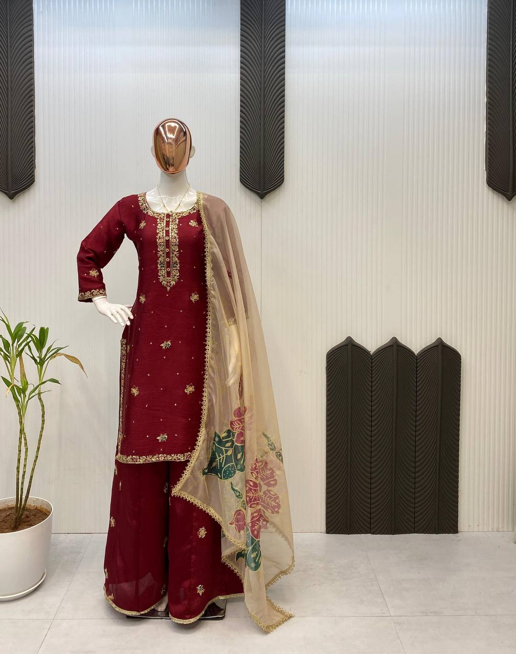 Premium Chinon Suit Set – Sequins Embroidery Top, Plazzo & Printed Organza Dupatta