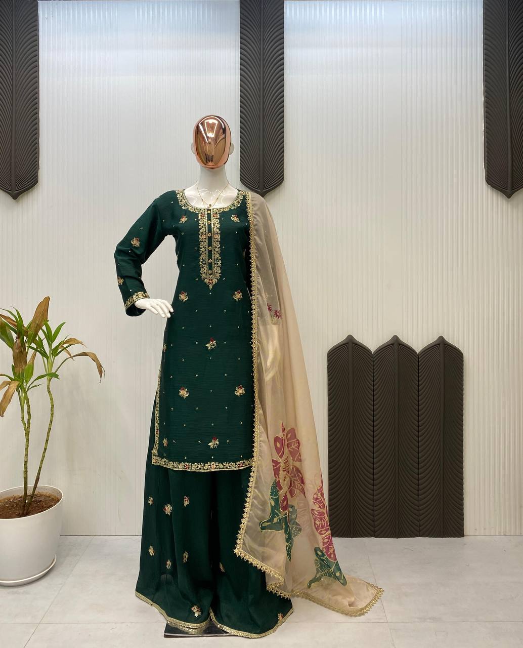 Premium Chinon Suit Set – Sequins Embroidery Top, Plazzo & Printed Organza Dupatta