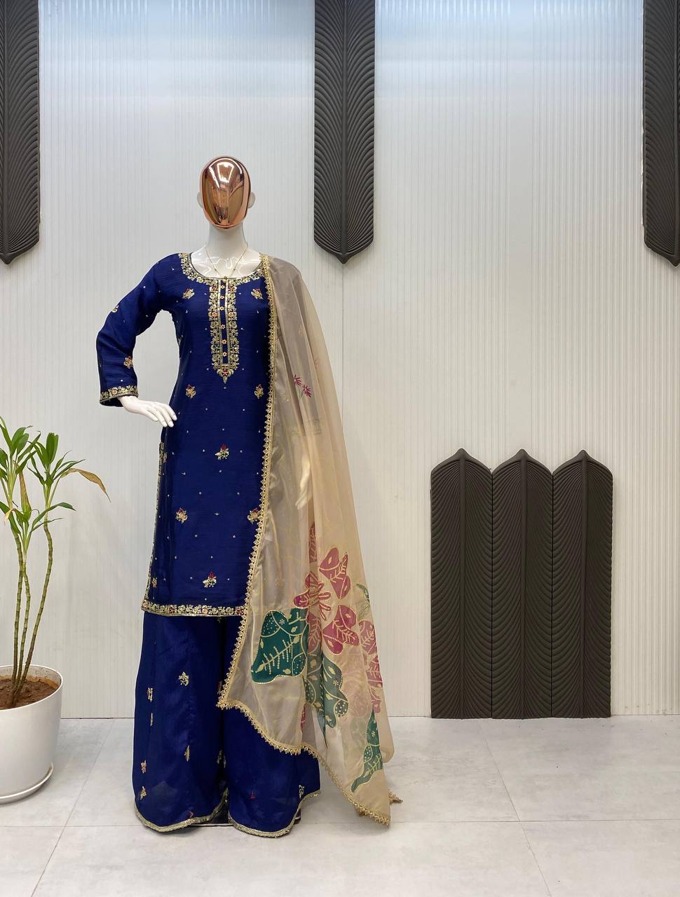 Premium Chinon Suit Set – Sequins Embroidery Top, Plazzo & Printed Organza Dupatta