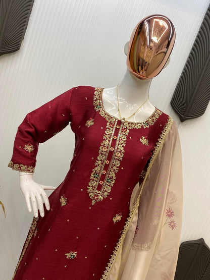 Premium Chinon Suit Set – Sequins Embroidery Top, Plazzo & Printed Organza Dupatta