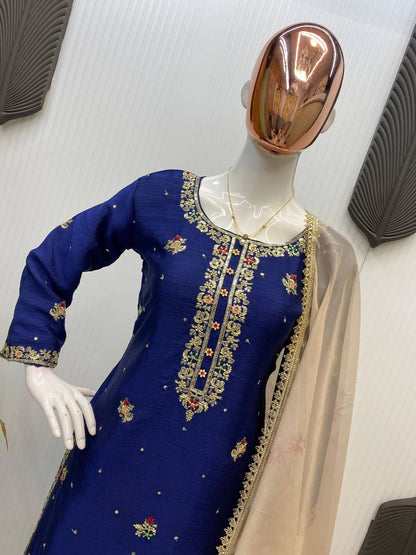Premium Chinon Suit Set – Sequins Embroidery Top, Plazzo & Printed Organza Dupatta