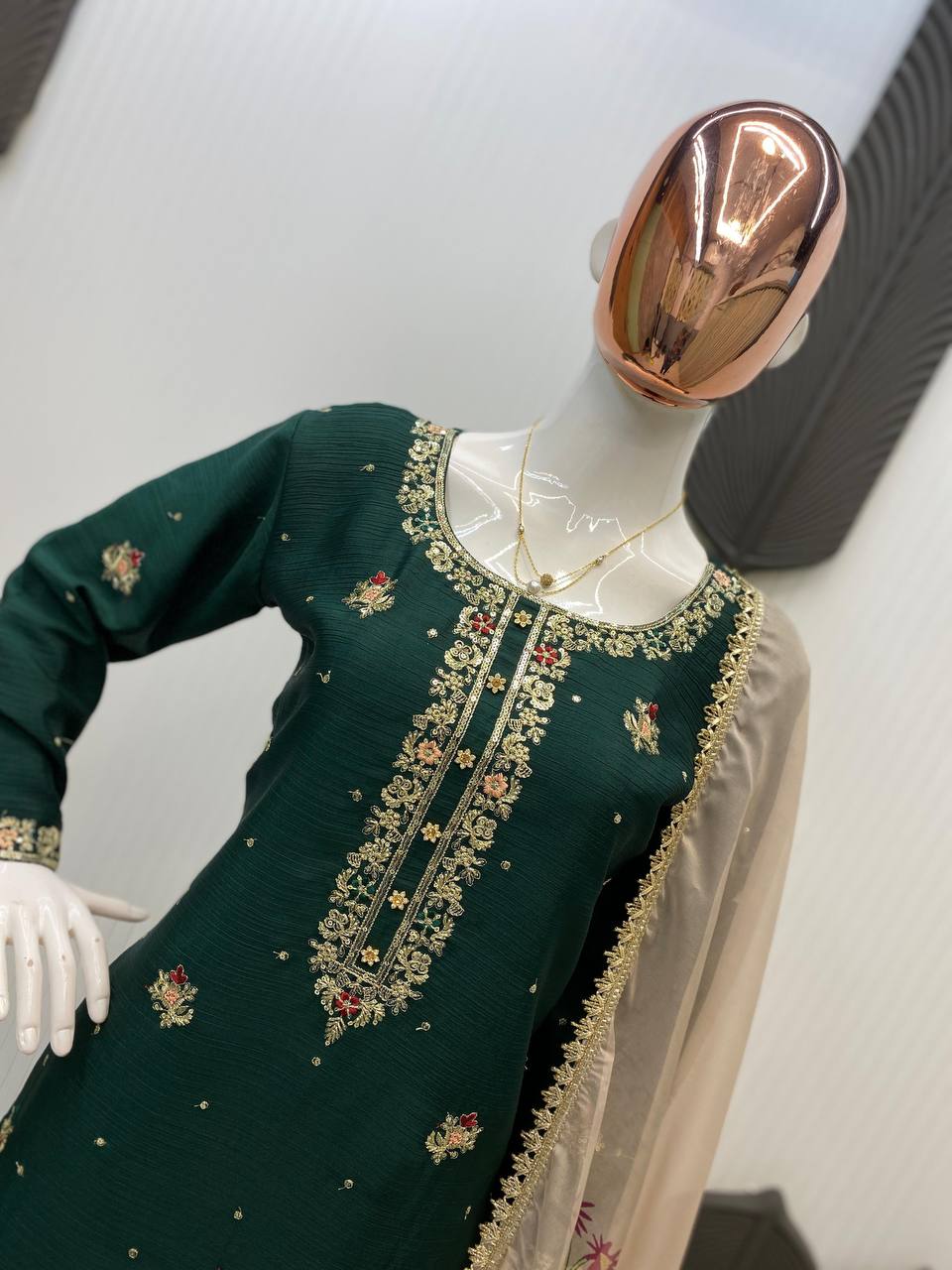 Premium Chinon Suit Set – Sequins Embroidery Top, Plazzo & Printed Organza Dupatta