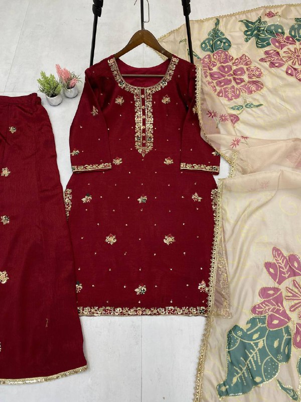 Premium Chinon Suit Set – Sequins Embroidery Top, Plazzo & Printed Organza Dupatta