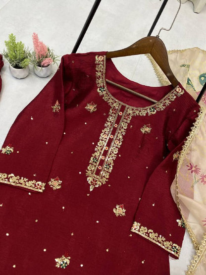 Premium Chinon Suit Set – Sequins Embroidery Top, Plazzo & Printed Organza Dupatta