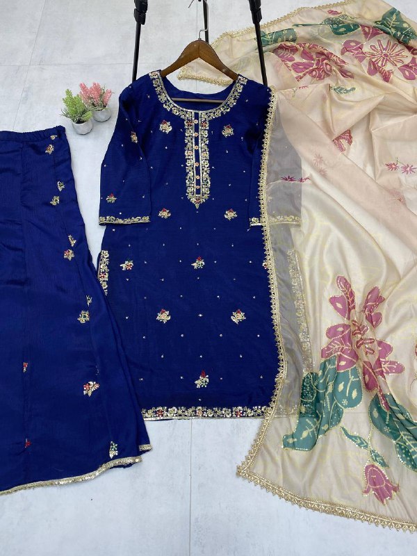 Premium Chinon Suit Set – Sequins Embroidery Top, Plazzo & Printed Organza Dupatta