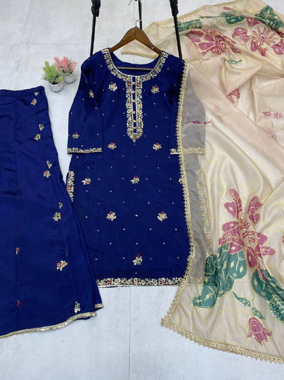 Premium Chinon Suit Set – Sequins Embroidery Top, Plazzo & Printed Organza Dupatta