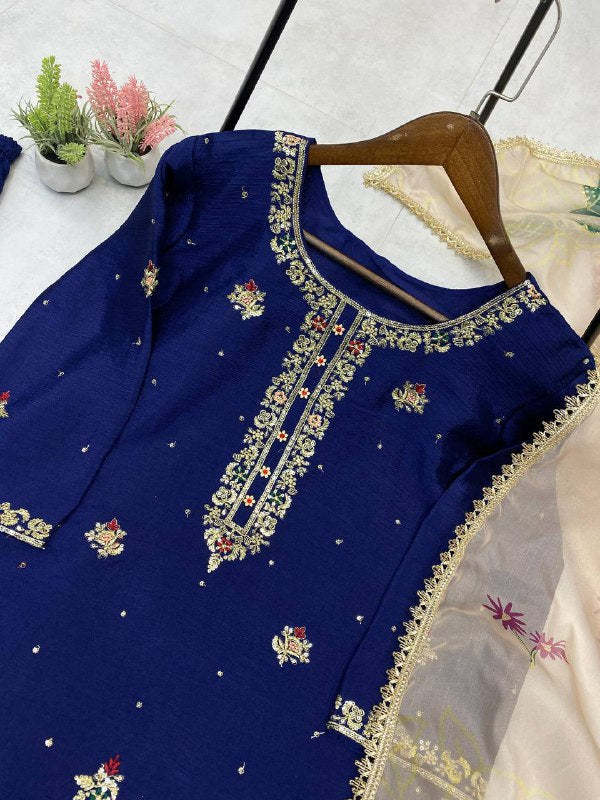 Premium Chinon Suit Set – Sequins Embroidery Top, Plazzo & Printed Organza Dupatta