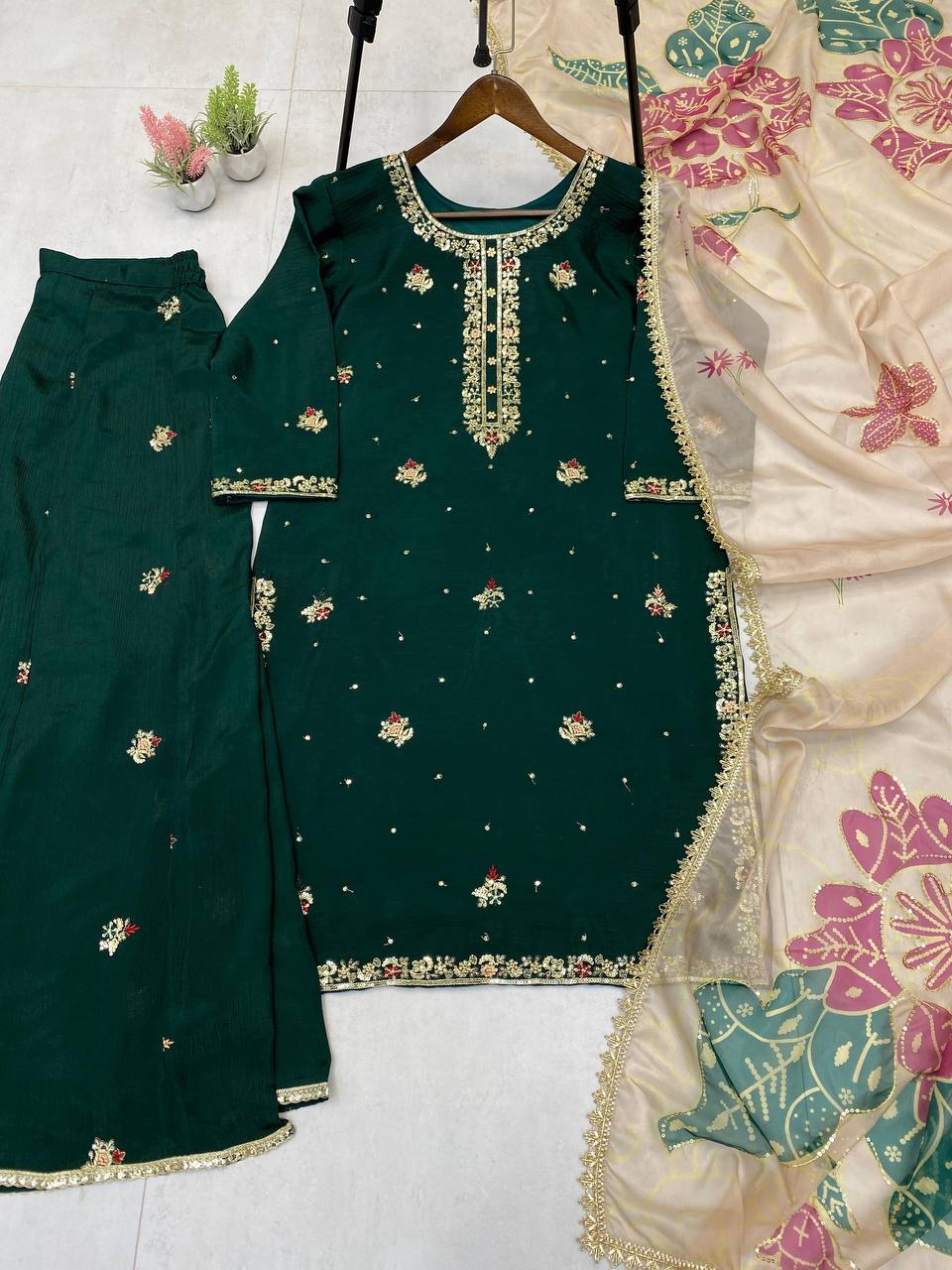 Premium Chinon Suit Set – Sequins Embroidery Top, Plazzo & Printed Organza Dupatta