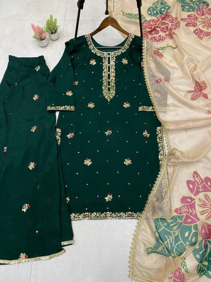 Premium Chinon Suit Set – Sequins Embroidery Top, Plazzo & Printed Organza Dupatta