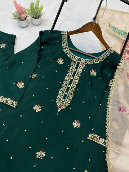 Premium Chinon Suit Set – Sequins Embroidery Top, Plazzo & Printed Organza Dupatta