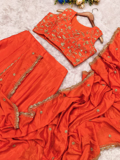 Premium Chinnon Silk Lehenga Saree Set