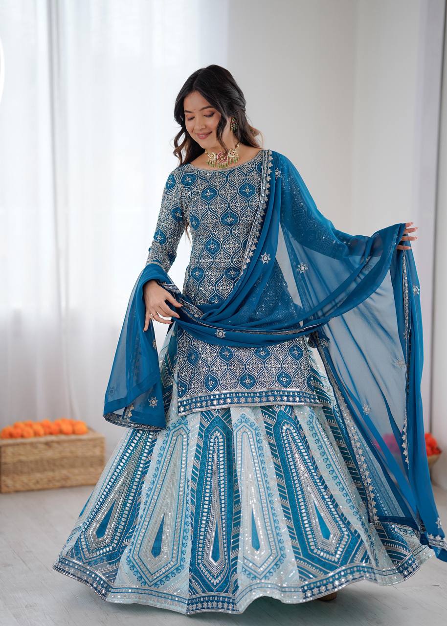 Premium Faux Georgette Lehenga, Top & Dupatta Set