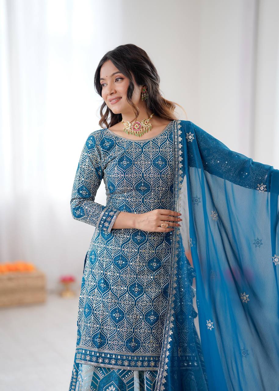 Premium Faux Georgette Lehenga, Top & Dupatta Set