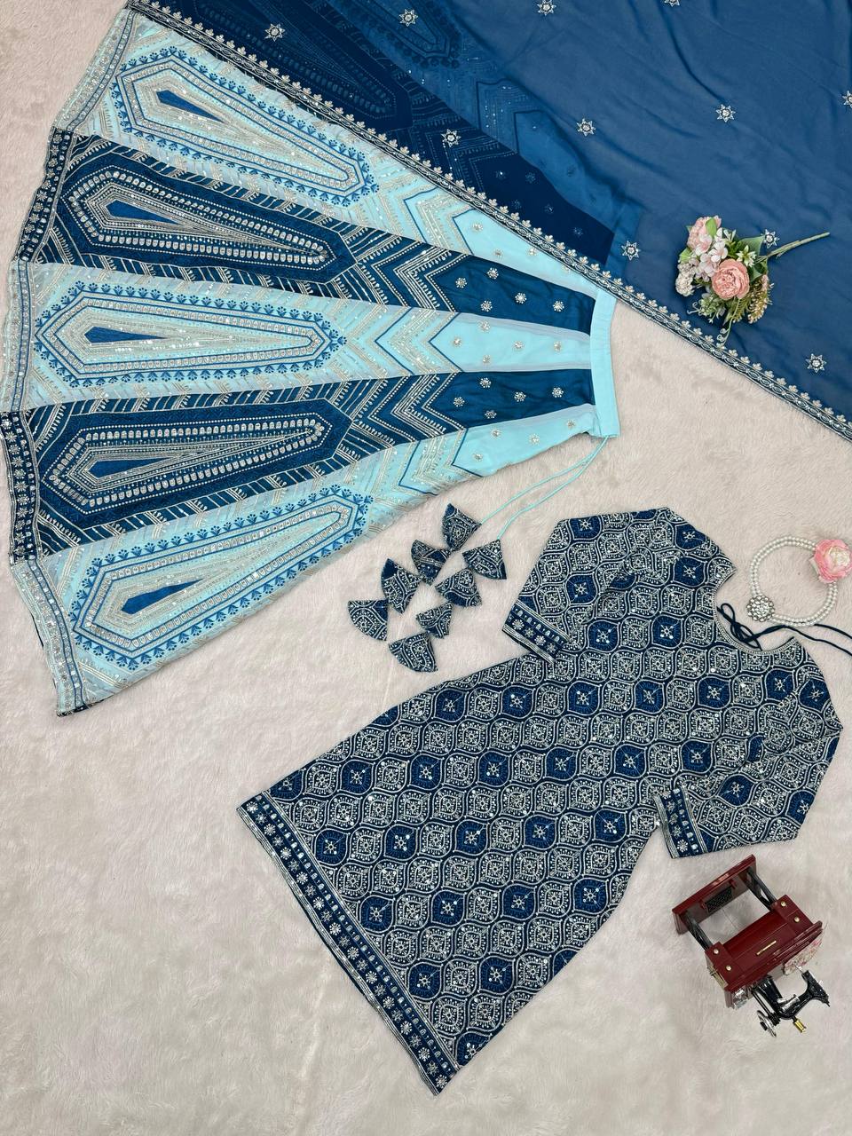 Premium Faux Georgette Lehenga, Top & Dupatta Set