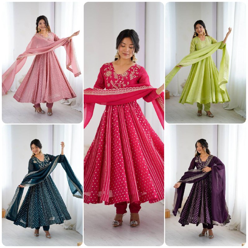Premium Crunchy Silk Anarkali Gown, Pant & Dupatta Set
