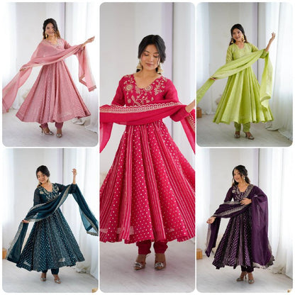 Premium Crunchy Silk Anarkali Gown, Pant & Dupatta Set