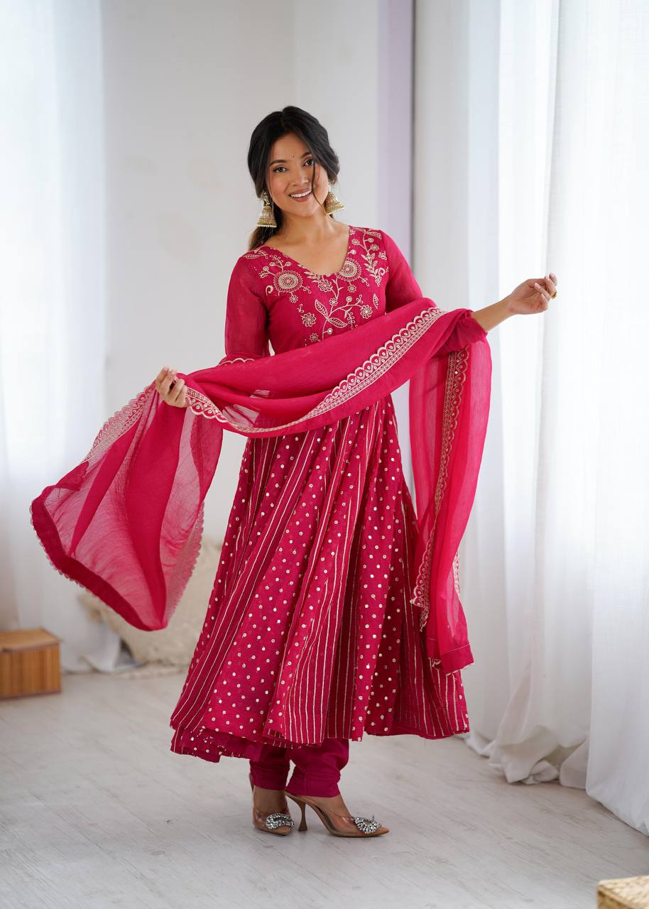 Premium Crunchy Silk Anarkali Gown, Pant & Dupatta Set