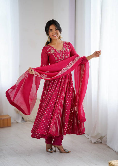 Premium Crunchy Silk Anarkali Gown, Pant & Dupatta Set