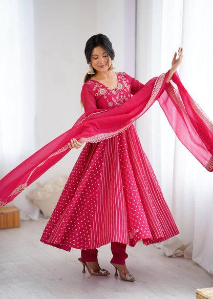 Premium Crunchy Silk Anarkali Gown, Pant & Dupatta Set