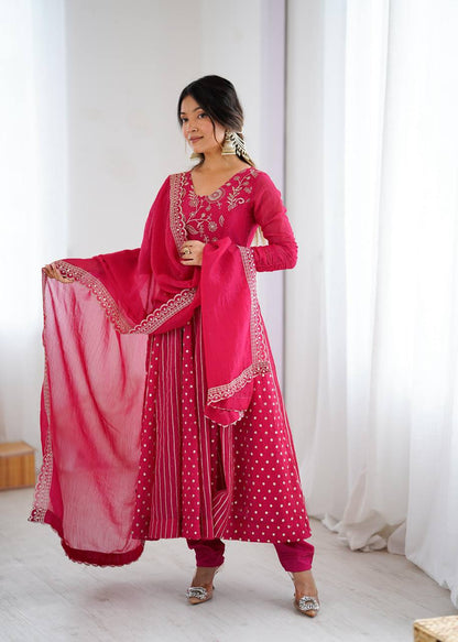 Premium Crunchy Silk Anarkali Gown, Pant & Dupatta Set