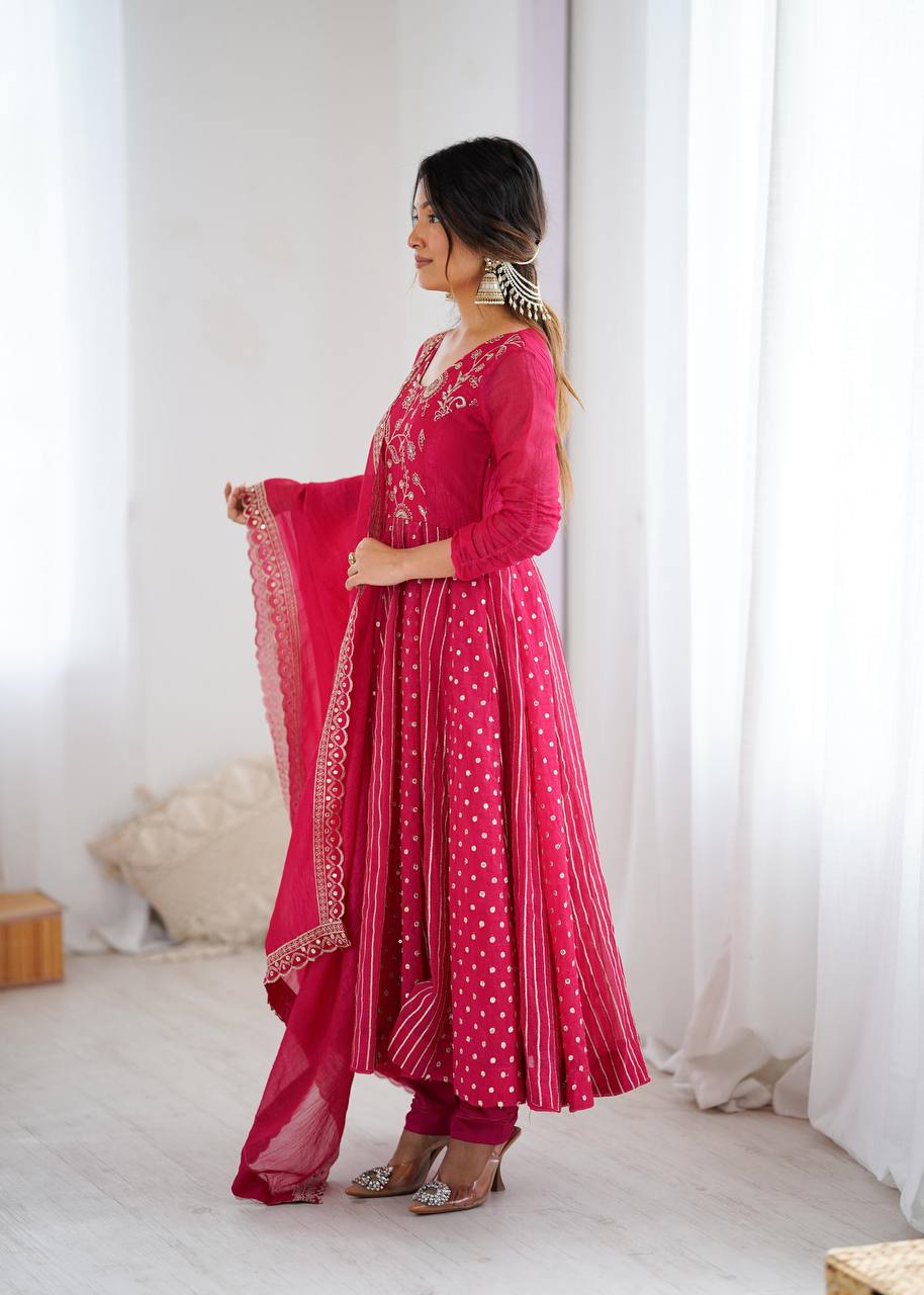 Premium Crunchy Silk Anarkali Gown, Pant & Dupatta Set