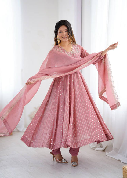 Premium Crunchy Silk Anarkali Gown, Pant & Dupatta Set
