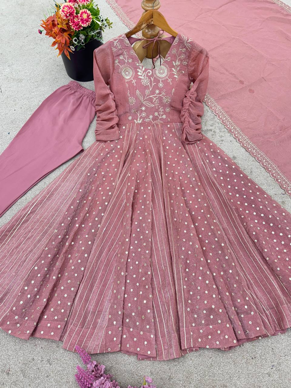 Premium Crunchy Silk Anarkali Gown, Pant & Dupatta Set