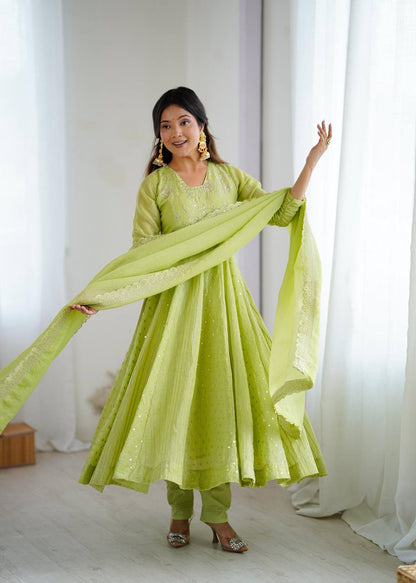 Premium Crunchy Silk Anarkali Gown, Pant & Dupatta Set