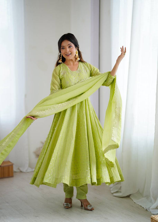 Premium Crunchy Silk Anarkali Gown, Pant & Dupatta Set