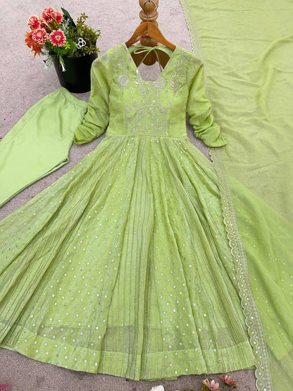 Premium Crunchy Silk Anarkali Gown, Pant & Dupatta Set
