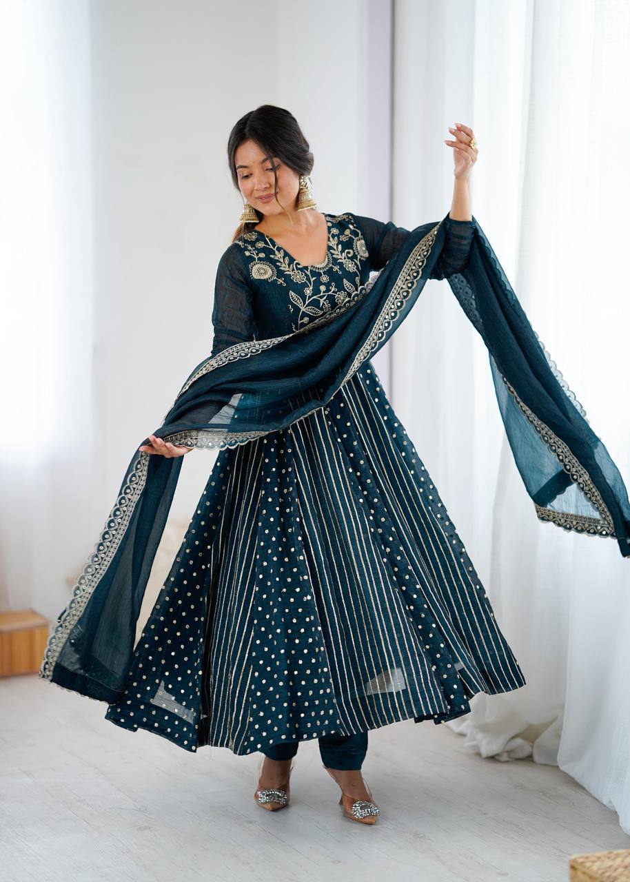 Premium Crunchy Silk Anarkali Gown, Pant & Dupatta Set