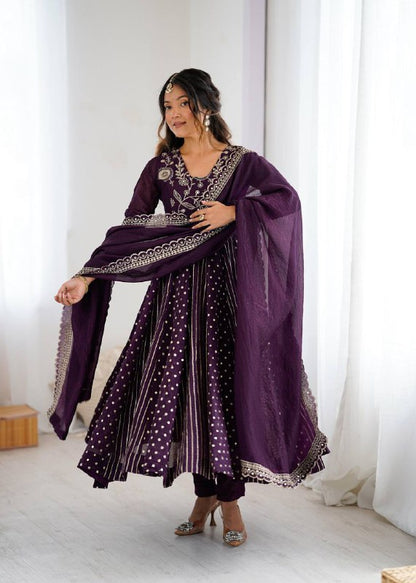Premium Crunchy Silk Anarkali Gown, Pant & Dupatta Set