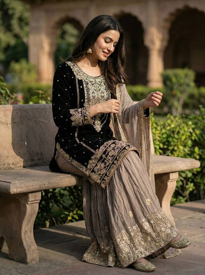 Premium Heavy Faux Georgette Top, Plazzo & Dupatta Set