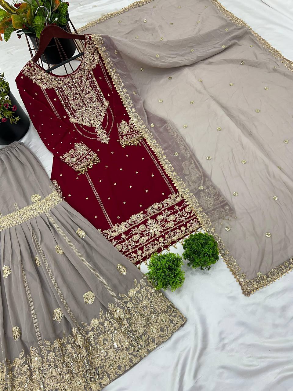 Premium Heavy Faux Georgette Top, Plazzo & Dupatta Set