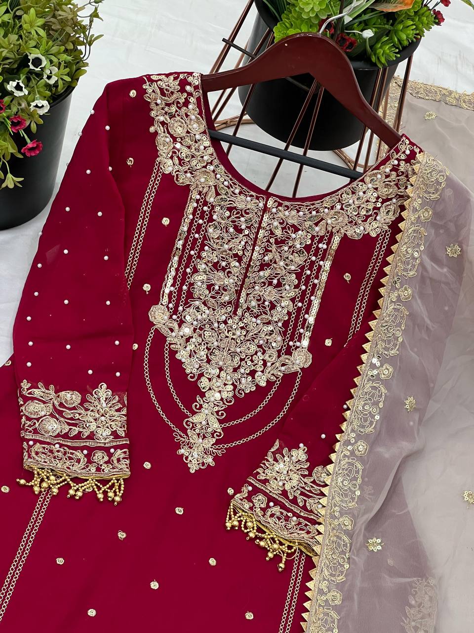 Premium Heavy Faux Georgette Top, Plazzo & Dupatta Set