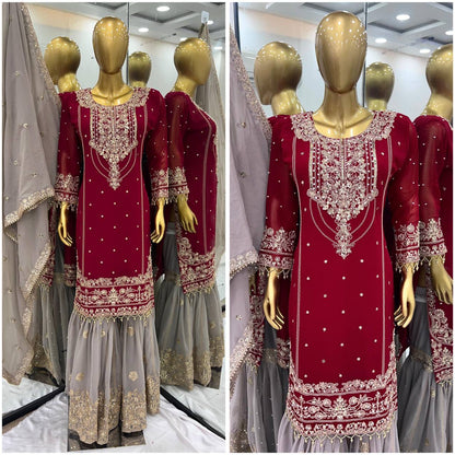 Premium Heavy Faux Georgette Top, Plazzo & Dupatta Set