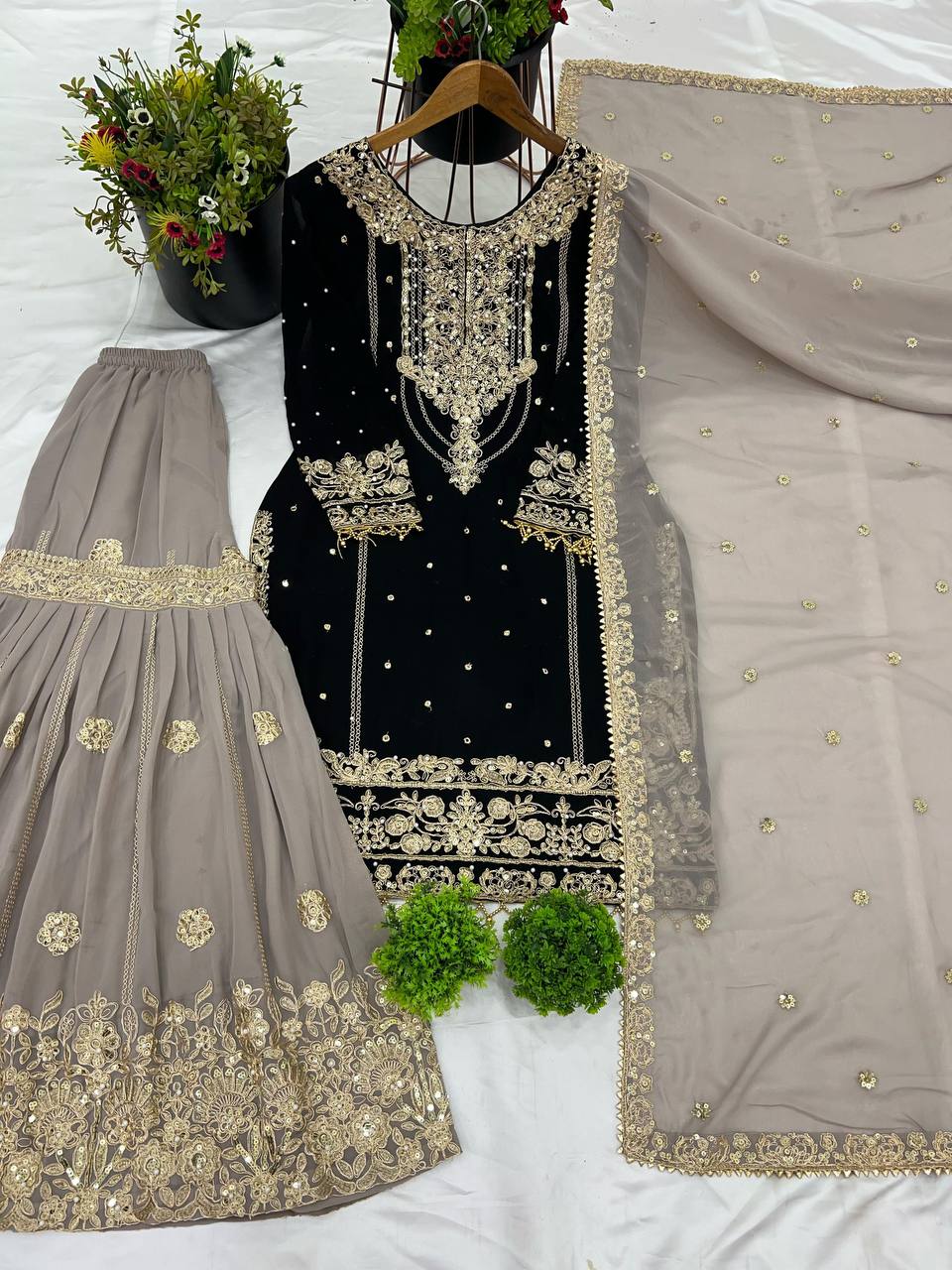 Premium Heavy Faux Georgette Top, Plazzo & Dupatta Set