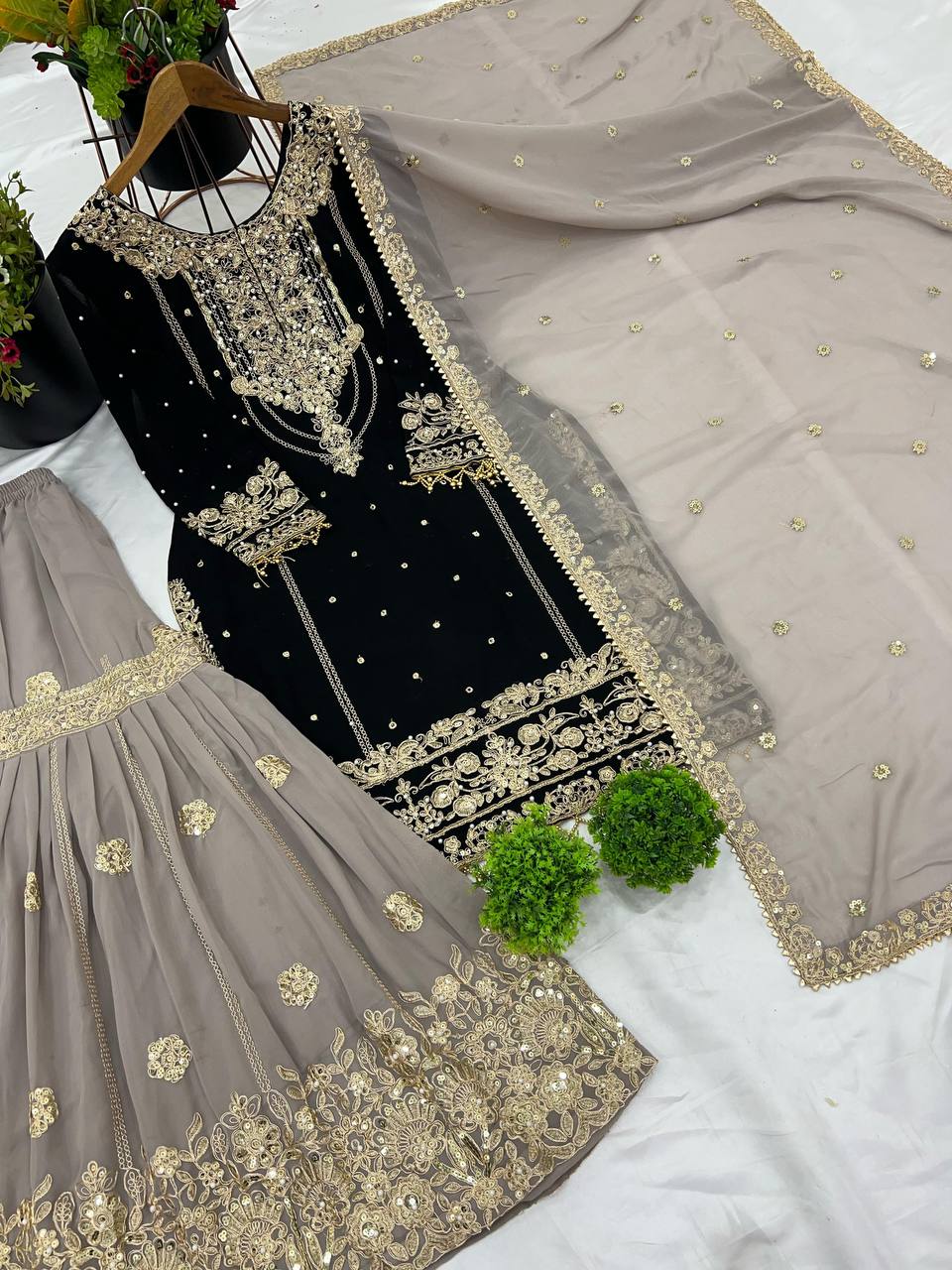 Premium Heavy Faux Georgette Top, Plazzo & Dupatta Set