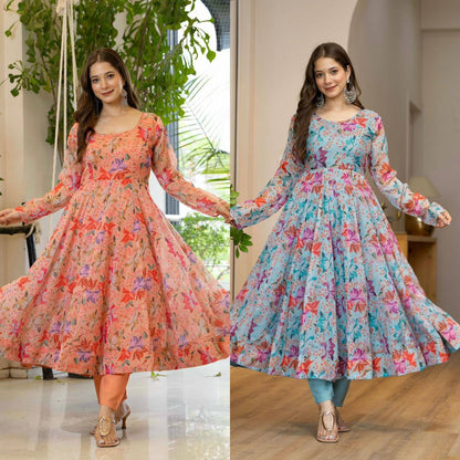 Premium Organza Floral Print Anarkali Suit Set – 4+ Meter Flair with Lace Dupatta