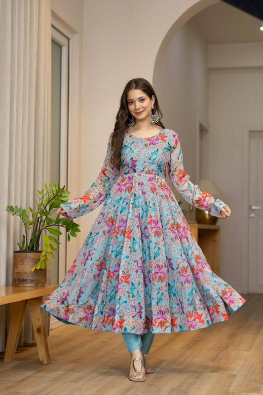 Premium Organza Floral Print Anarkali Suit Set – 4+ Meter Flair with Lace Dupatta