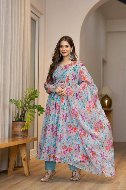 Premium Organza Floral Print Anarkali Suit Set – 4+ Meter Flair with Lace Dupatta