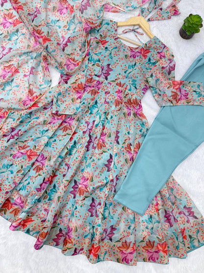 Premium Organza Floral Print Anarkali Suit Set – 4+ Meter Flair with Lace Dupatta