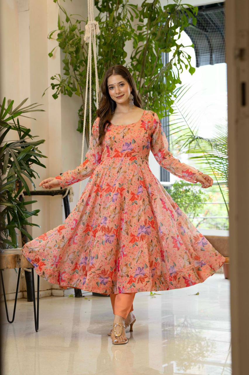 Premium Organza Floral Print Anarkali Suit Set – 4+ Meter Flair with Lace Dupatta