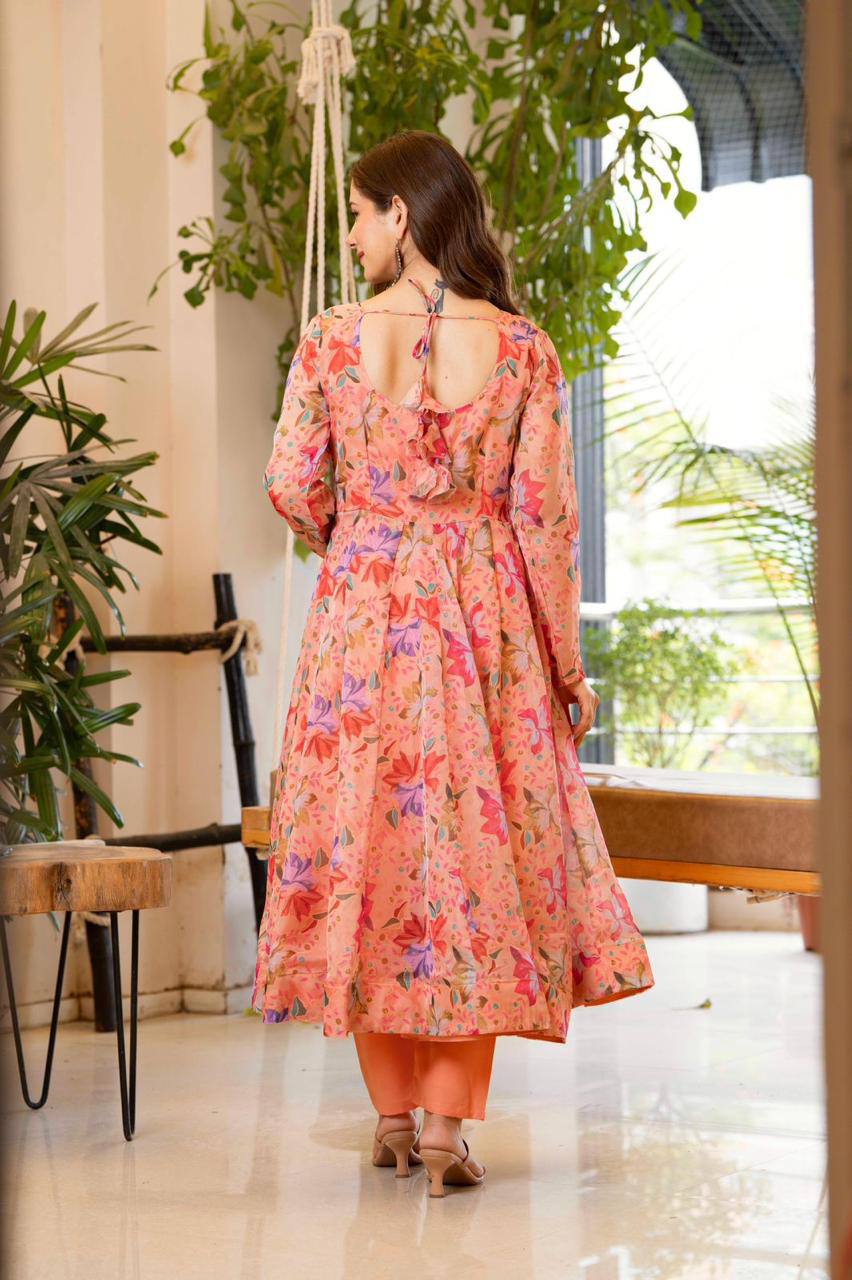 Premium Organza Floral Print Anarkali Suit Set – 4+ Meter Flair with Lace Dupatta