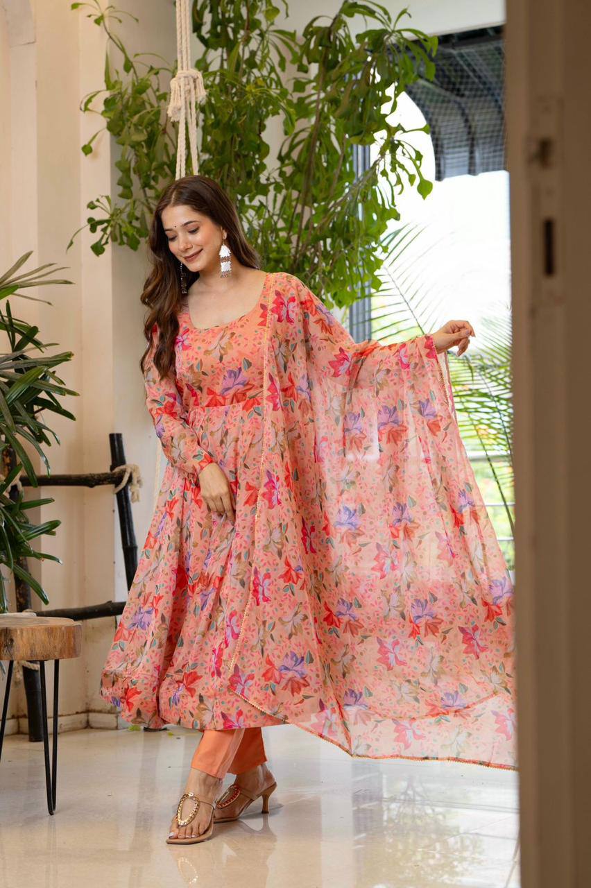 Premium Organza Floral Print Anarkali Suit Set – 4+ Meter Flair with Lace Dupatta