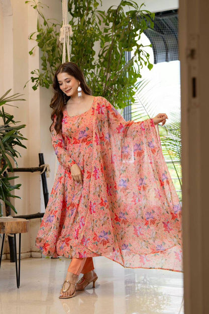 Premium Organza Floral Print Anarkali Suit Set – 4+ Meter Flair with Lace Dupatta